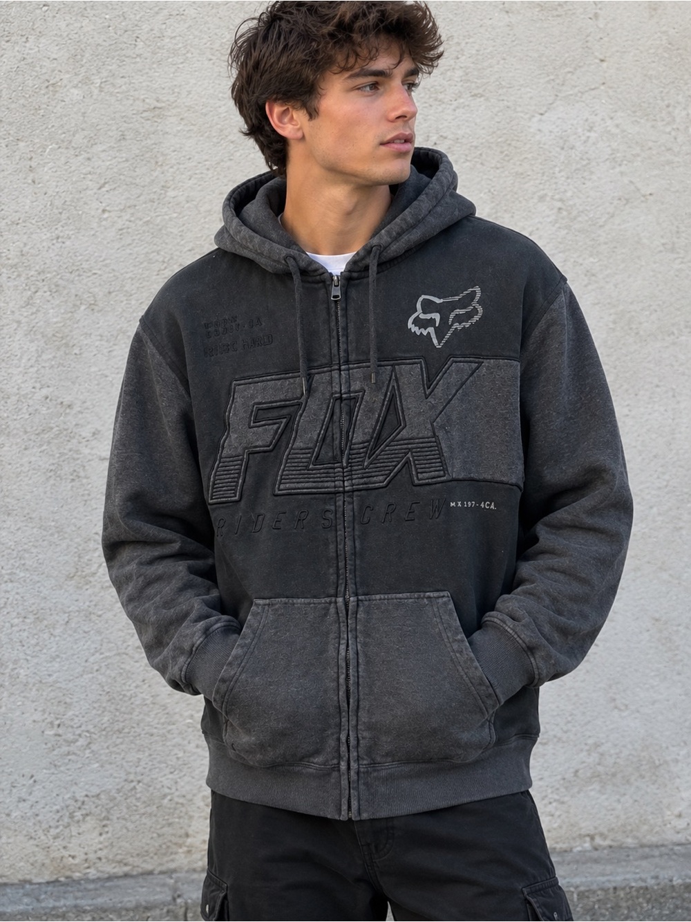 FOX Men's Washed Black Zip Hoodie Sweater size large